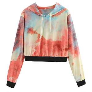 Sweat à capuche court tie dye pour femmes 100% coton à manches longues haut d'été teint uni conception doublée courte longueur à capuche haut court - Product Image 5