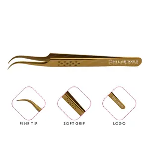 Gold Fine Tip Eyelash Extension Tweezers with Dotted Design Private Label, Light Curved Eyelash Extension Tweezer