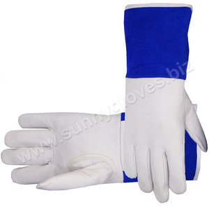 Premium grano de piel de cabra de soldador guantes con azul de cuero de esposas - Product Image 4