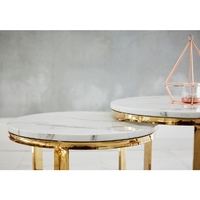 Ensemble de tables basses gigognes modernes en or pour salon, avec plateau en marbre simulé et pieds en acier doré