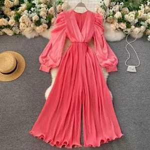 2022 Hot Sale <b>Casual</b> Bohemian V Neck Sexy Backless Loose <b>Wide</b> <b>Leg</b> Pants Long Sleeves <b>Jumpsuit</b> - Product Image 3