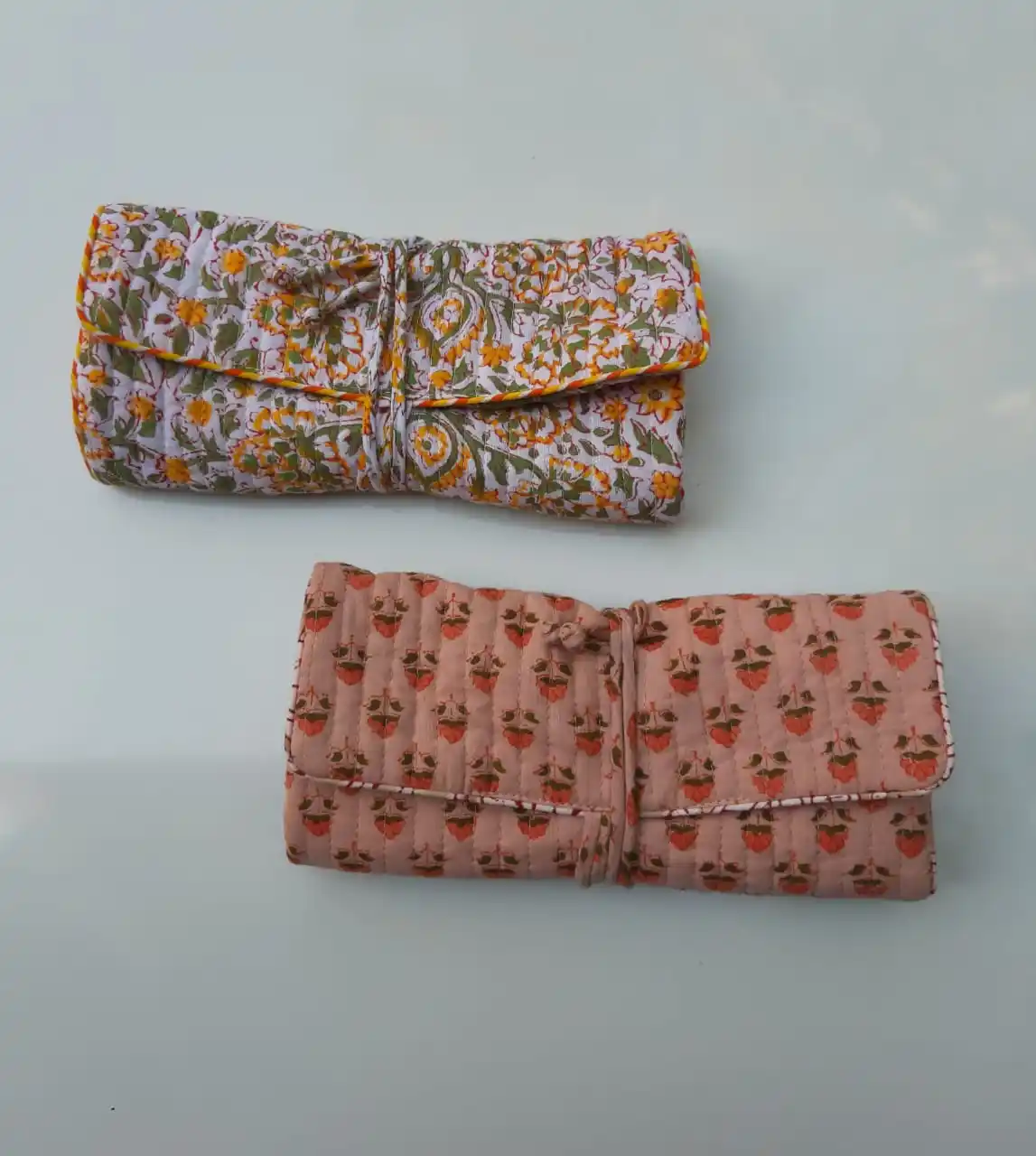 Borsa per gioielli in tessuto di cotone stampato a mano per donna, borsa con cerniera per borsa gioiello stampata a mano floreale bohemien per regalo