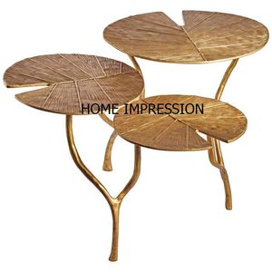 Table moderne en métal métallique design en bois antique Base en aluminium coulé Table latérale en métal Base en bois Plancher de table en verre - Product Image 3