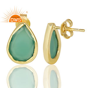 Pear Shape Gold Plated 925 Silver <b>Green</b> Onyx Gemstone Flat Back Stud Earrings For Girls Jewelry Supplier Classic Collection - Product Image 3