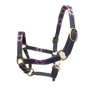 Halter de polo de cuero de caballo Premium con trenzado de hilo morado y blanco para mayoristas - Product Image 2