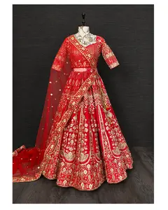 ผ้าไหมสีแดง Lehenga Choli สำหรับผู้หญิง,สินค้าใหม่สไตล์บอลลีวูดสินค้าขายดี