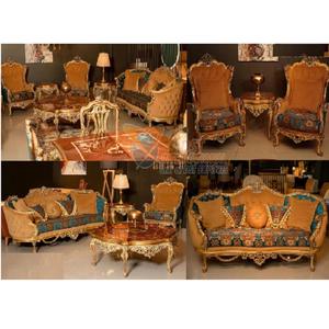 ที่ดีที่สุดคุณภาพไม้สักโซฟาชุดสําหรับบ้านGold Polish 5 ที่นั่งโซฟาชุดตกแต่งยุโรปแกะสลักห้องนั่งเล่นเฟอร์นิเจอร์ - Product Image 1