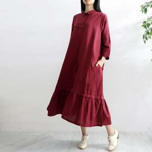 New arrival fashionable trending latest design Burgundy color crepe fabric turn-down collar 3\4 sleeve floor length linen dress - Product Image 4