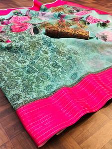 ชุดปาร์ตี้ผ้าไหมส่าหรีออกแบบใหม่ล่าสุดของผู้หญิงชุดส่าหรีกับเสื้อญี่ปี่ญี่ปุ่นผ้าซาตินผ้านุ่มพิมพ์ลายดิจิตอลชุดส่าหรี - Product Image 4