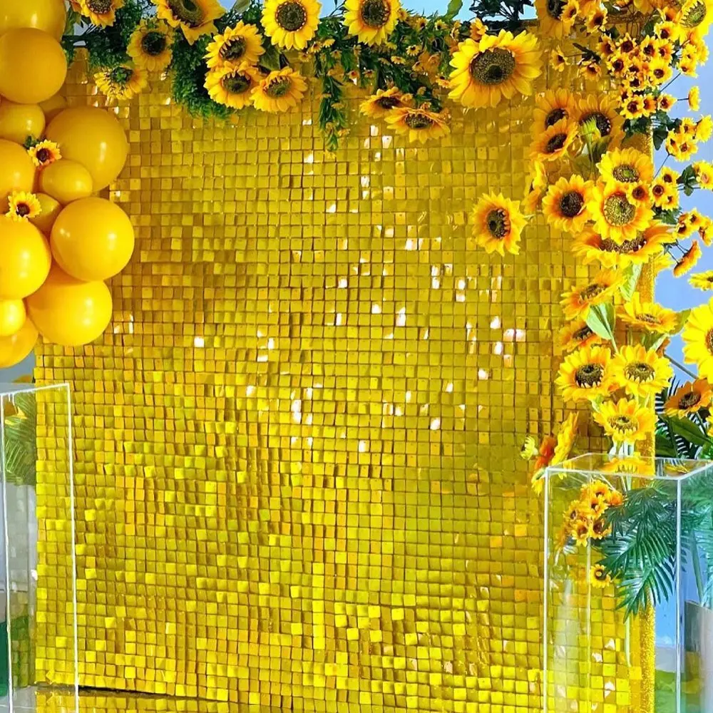 Altın köpüklü Glitter düğün tatil kutlamak dekorasyon ayna çarpıcı sarı renkli zemin pırıltılı pullu duvar paneli