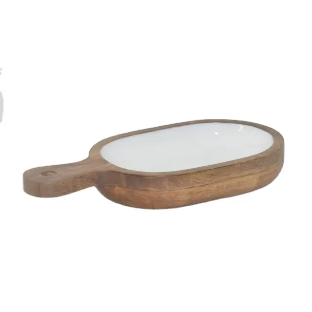 Kitchen Wooden Dish With Wooden Handle Enamel Food Small Soy Compartment Plates 2 Divided Serving Dish Made In India