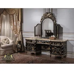 Fransız tarzı antika siyah tuvalet masası seti avrupa siyah altın Finish Dresser ve ayna seti lüks oyma 7 çekmece Vanity masası ucuz