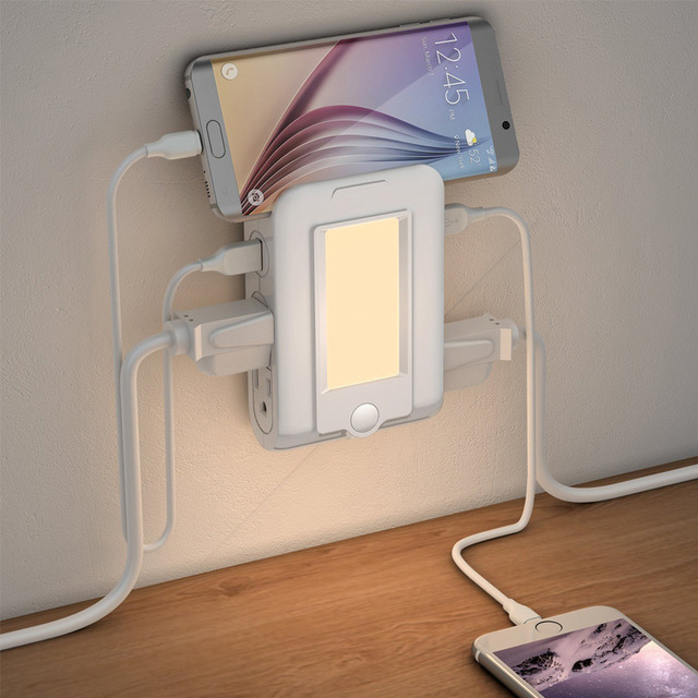 2 USB Ports & 4 AC Outlets Charging Station Plug in LED Night Light with Socket Extender and Phone Holder