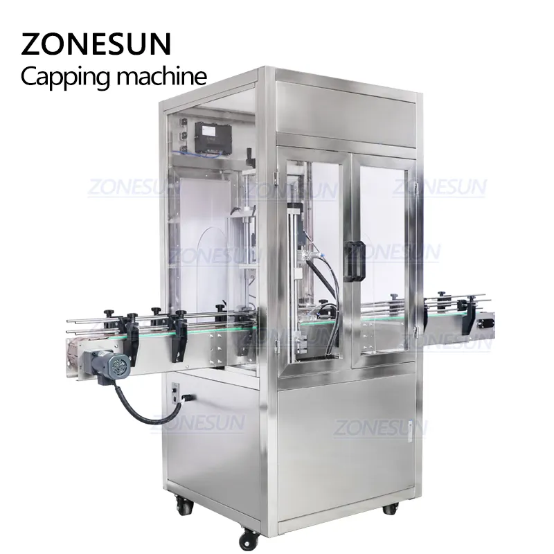 ZONESUN ZS-440DC 전체 자동 플라스틱 유리 음료 주스 샴푸 화장품 스프레이 펌프 병 캡 나사 캡핑 기계