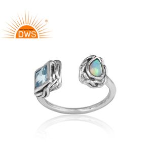 แหวนเงินแท้ 925 ชุบออกซิไดซ์ ปรับขนาดได้ ประดับด้วยบลูโทแพซธรรมชาติและโอปอลเอธิโอเปีย ดีไซน์ทันสมัย เหมาะสำหรับงานแต่งงาน งานครบรอบ และงานปาร์ตี้ - Product Image 2