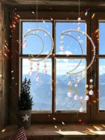 Attrape-soleil en forme de lune fait main avec cristaux religieux de guérison, pendentifs en chaîne de cristaux dorés, décoration d'intérieur