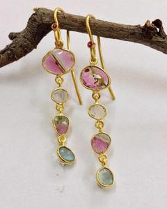 Multi Faceted Sterling 925 Silver Gold Plated Watermelon Multi Color <b>Tourmaline</b> Polki Flat Cut Indian Cut Gemstone <b>Earrings</b> - Product Image 1