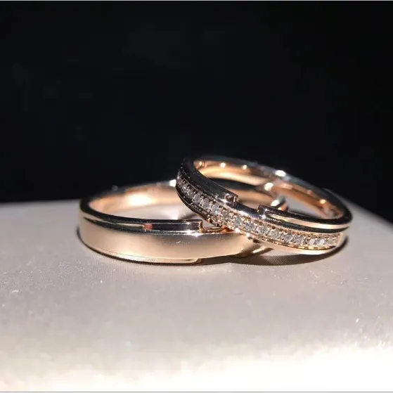 Cincin Emas Asli 18K Mawar Emas Pria Wanita, Set Perhiasan Cincin Pasangan Berlian Alami Tali Pernikahan