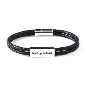 Bracelet With Name Mens Double Layered Braided Leather Bracelets Custom Engraved Metal Charm Leather Bracelet With Magnetic Clasp