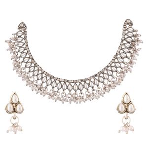 Indian Jewellery CZ Crystal Faux Pearl <b>Silver</b> Plated Choker <b>Chain</b> Necklace <b>Earrings</b> Set Wholesale Jewelry, White - Product Image 5