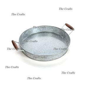 Galvanized <b>Snacks</b> <b>Tray</b> With Wooden Handles Highest Quality Round Shape Serving <b>Tray</b> At Reasonable Prices - Product Image 2