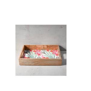 Plateau imprimé en émail en bois d'acacia de vente chaude avec des poignées en métal plateau en bois imprimé personnalisé de forme ronde - Product Image 3