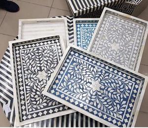 Plateau de service en bois sculpté à la main indien, décoration de table, plateau du Ramadan, décoration de la maison, hôtel, restaurant, événements de mariage, plateau incrusté de coquillages - Product Image 5