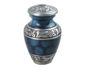 Urna de cremación de Metal para adultos, tamaños personalizados, nube de Fuego Azul y grabado Floral de plata con recuerdo a juego para cenizas humanos - Product Image 2