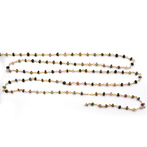 Cadena de Rosario de Turmalina Multicolor Facetada en Forma de Rondelle, 3mm, Latón, Chapado en Oro de 18K, Envuelta en Alambre, Vendida por Metro para Joyería - Product Image 4
