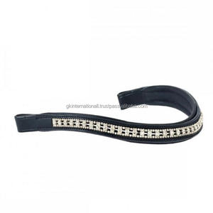 Diamantes de imitación transparentes personalizados de dos tamaños, patrón de repetición, banda acolchada de cuero negro para cejas de caballo, cosido completo a precio al por mayor - Product Image 1