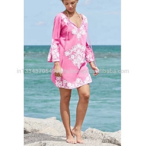 Ravishing Pink Bohemian Embroidered Cotton <b>Mini</b> Dress <b>Lantern</b> Sleeves Plus Size Women's Casual Tunic Summer Loose Contrast Color - Product Image 6