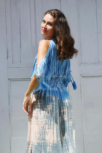 Moderna relajado con cuello en V profundo hecho a mano empate tinte de moda de verano ropa vestido de fiesta noche Boho dama Split manga vestido Maxi - Product Image 3