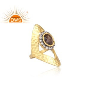 Bague de mariage artisanale en argent sterling 925 noir plaqué or avec serti clos en pierres précieuses CZ et quartz fumé naturel - Product Image 3