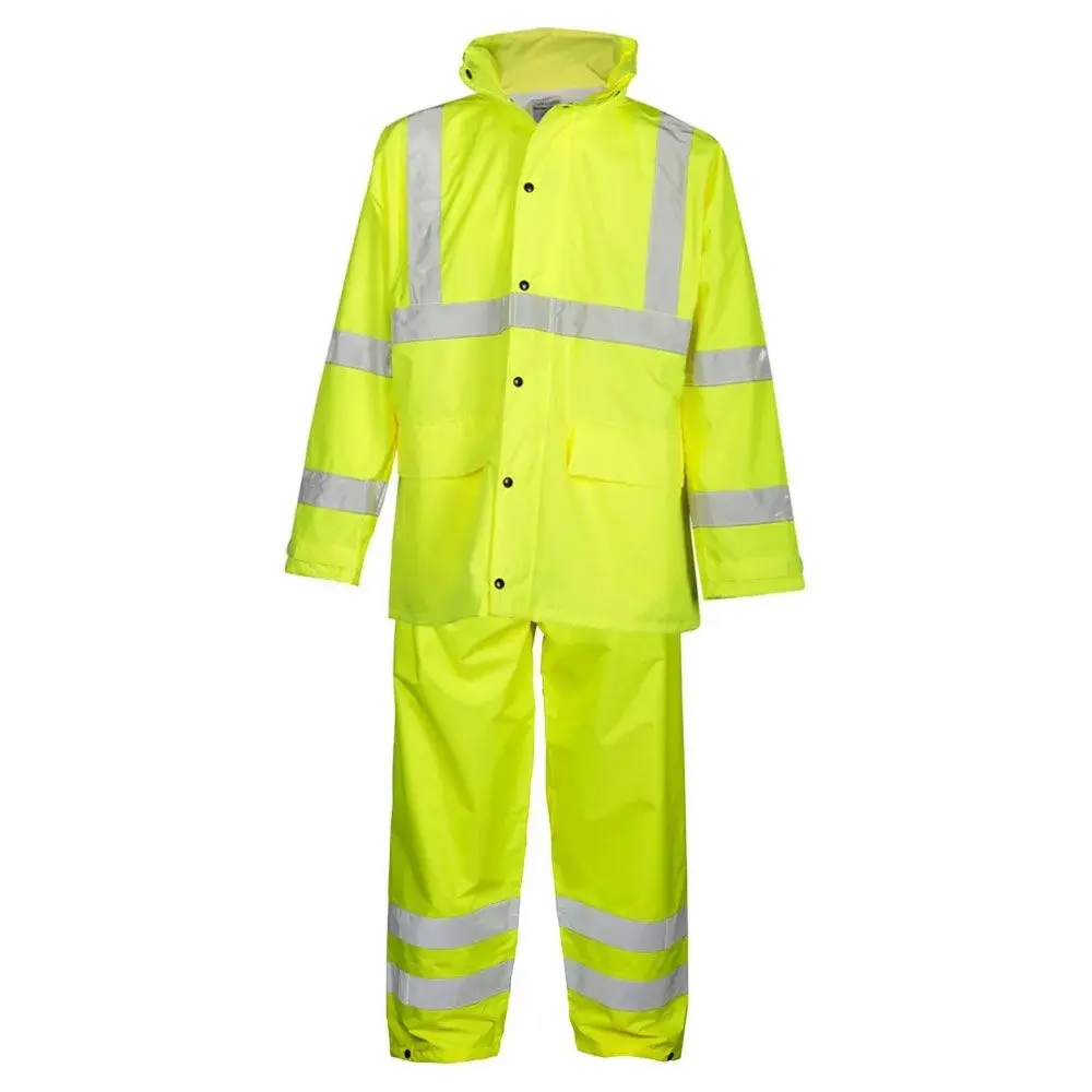 Atacado preço barato roupa de chuva segurança estrada terno à prova d' água reflexivo jaqueta e calças terno de trabalho de alta visibilidade