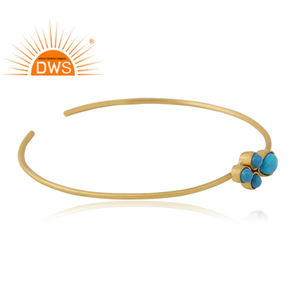 Bracelet en pierres précieuses Turquoise bleu ciel plaqué or jaune Bracelet de manchette de mode Fournisseur de bijoux en laiton indien Collection classique - Product Image 2