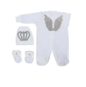 3ชิ้นเทวดาสีขาวผ้าฝ้าย100% เสื้อผ้าทารกแรกเกิด Romper ชุดฤดูร้อนที่กำหนดเองฤดูใบไม้ผลิ0-3เดือนขายส่งที่กำหนดเองแขนยาว