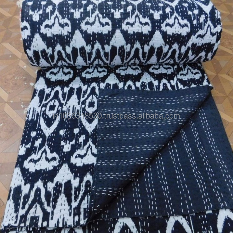 King Size Handmade Kantha Quilt – Floral Black Cotton Bedspread, Indian Style Bedcover