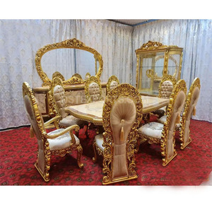 ชุดโต๊ะอาหารไม้สักแกะสลักด้วยมือ 8 ที่นั่ง 9 ชิ้น สไตล์โมเดิร์น ทนทาน สำหรับห้องรับประทานอาหาร รุ่นรอยัลโกลเด้นพอลิช - Product Image 1