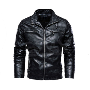 แจ็กเก็ตมอเตอร์ไซด์คอตั้งสำหรับผู้ชายหนังแท้และผ้าใบสำหรับฤดูหนาว - Product Image 1