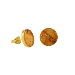 Hot Selling Amber Semi Precious Gemstone Wholesale 925 Sterling Silver Gold Plated Stud Earring For Women And Girls