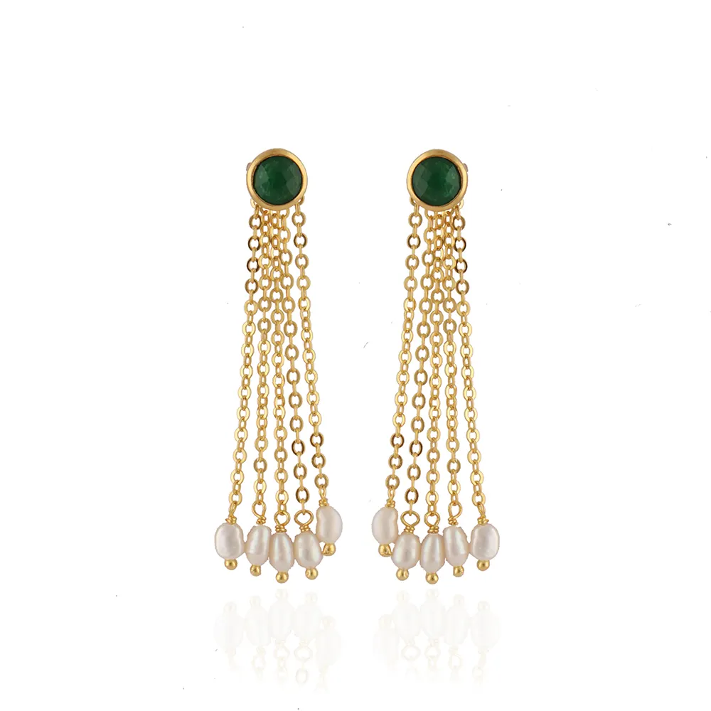 Anting-anting kancing mutiara dan batu permata Onyx hijau bundar pengaturan Bezel anting-anting lapis emas perhiasan Mode Joyas E-1410