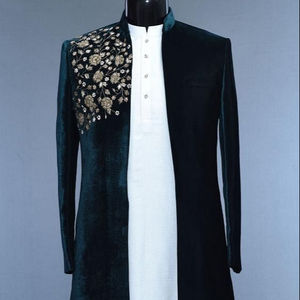 2021 nuevo y elegante de talla grande de seda Indo-Western Sherwani con pantalón deslumbrante Zardozi bordado transpirable traje de boda para adultos - Product Image 1