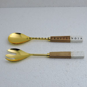 Couverts dorés de voyage en acier inoxydable personnalisés écologiques Couverts à salade Accessoires de cuisine Outil de service pour mélanger les aliments - Product Image 2