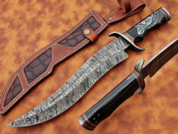 Couteau de camping artisanal en acier Damas, dureté HRC60-65, manche en corne de taureau gravé avec un visage de loup, 17'' de long, modèle MDM AXES KNIVES