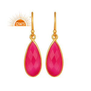 Briolette Goutte Pierres Précieuses Rose Calcédoine Boucles D'oreilles Fournisseur De Bijoux En Argent Faits À La Main Boucles D'oreilles Plaqué Or Bijoux Grossiste - Product Image 1