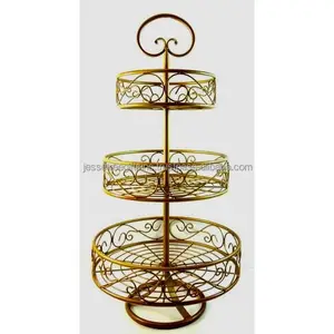 Metal Wire Three Tier Cake Stand With Gold Powder Coating Finishing Curved Design Round Shape High Quality For Serving