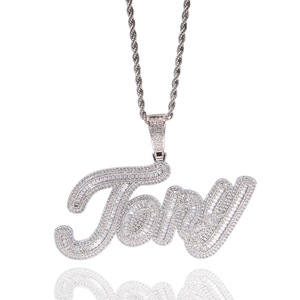 DIY Customized Iced <strong>T</strong> Shape Baguette Zircon Diamond <strong>Initial</strong> <strong>Necklace</strong> - Product Image 2