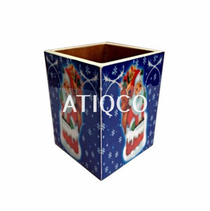 Porte-crayon bleu père noël peint à la main en bois laqué accessoire de papeterie décoratif de noël | Cadeau souvenir de noël - Product Image 1