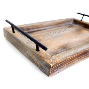 Bandeja de servicio de madera de pino con asas de Metal, bandeja Rectangular decorativa, suministro directo de fábrica, precio al por mayor - Product Image 3