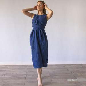 เดรสผ้าลินินสีกรมท่า ดีไซน์ใหม่ล่าสุด แฟชั่นทันสมัย ปี 2026 ทรงคอโอ แขนกุด ความยาวระดับเข่า สำหรับผู้หญิง - Product Image 3